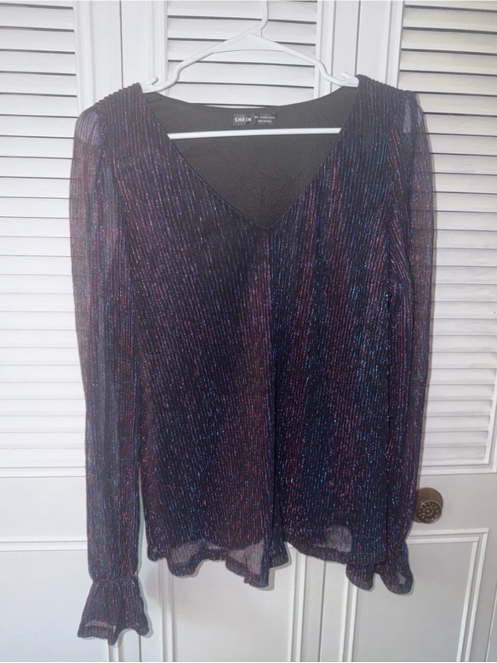 SHEIN Navy Multicolor Shimmer V-Neck Long Sleeve Top